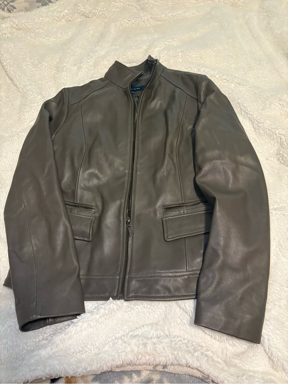 Cole Haan Dark olive green Leather Zip-Front Women's Jacket
